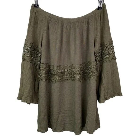 UMGEE OLIVE GREEN OFF THE SHOULDER FLOWY BLOUSE W/CROCHET ACCENTS MEDIUM-EUC - Picture 1 of 5